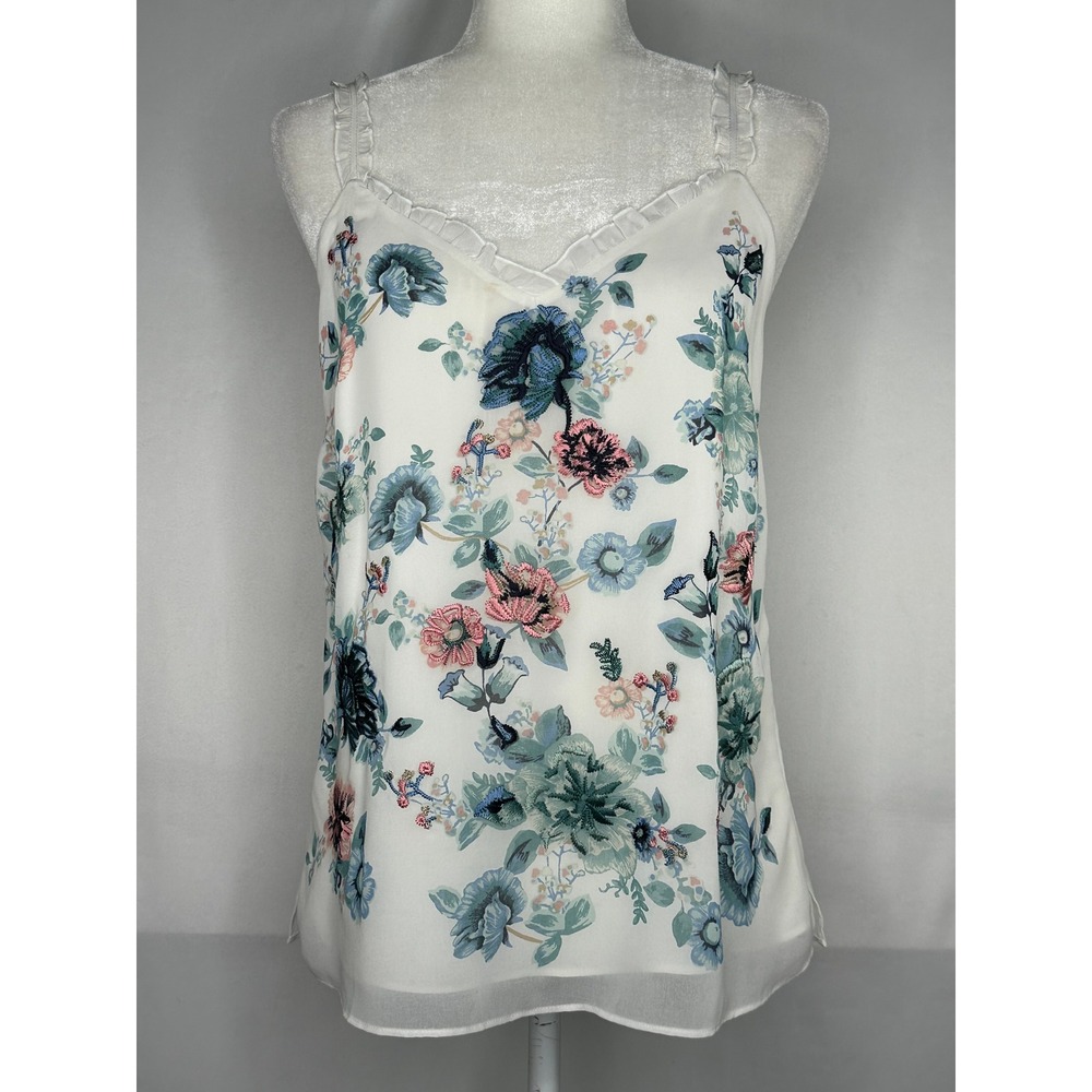 Floral Embroidered Ruffle Cami Blue Pink White Chiffon Tank Sleeveless Y2K Sz S